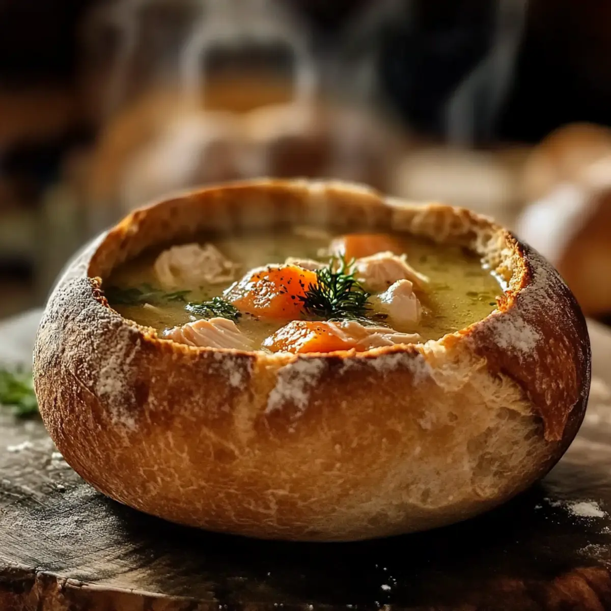 Hearty Cozy Winter Chicken Soup Served in a Bread Bowl 11 Cozy Winter Chicken Soup in a Bread Bowl